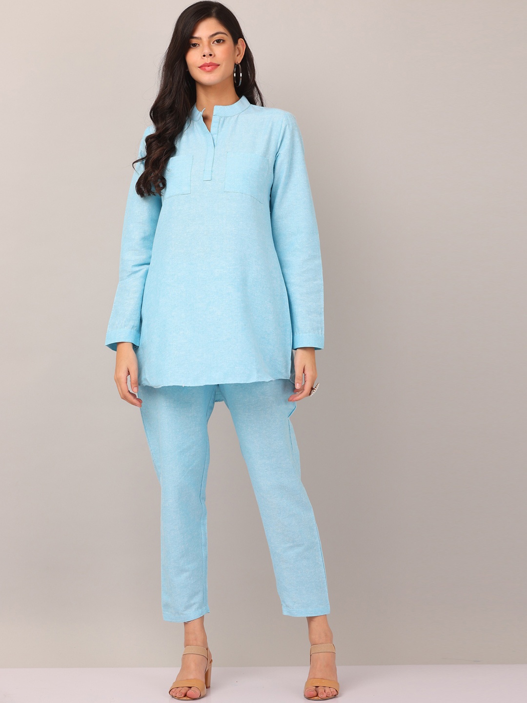 

KAANCHIE NANGGIA Mandarin Collar Pure Cotton Kurti With Trousers, Turquoise blue