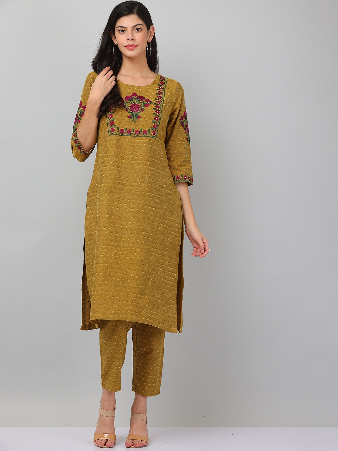

KAANCHIE NANGGIA Floral Embroidered Pure Cotton Kurta With Trouser, Mustard