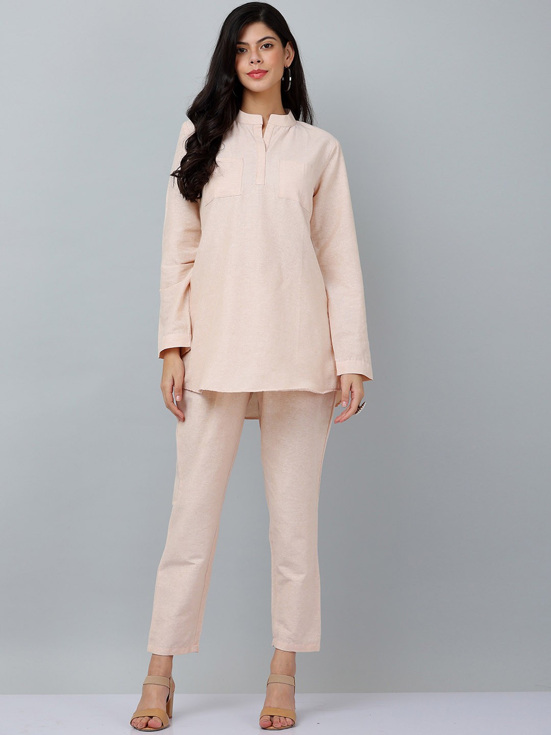 

KAANCHIE NANGGIA Mandarin Collar Pure Cotton Kurti With Trousers, Beige