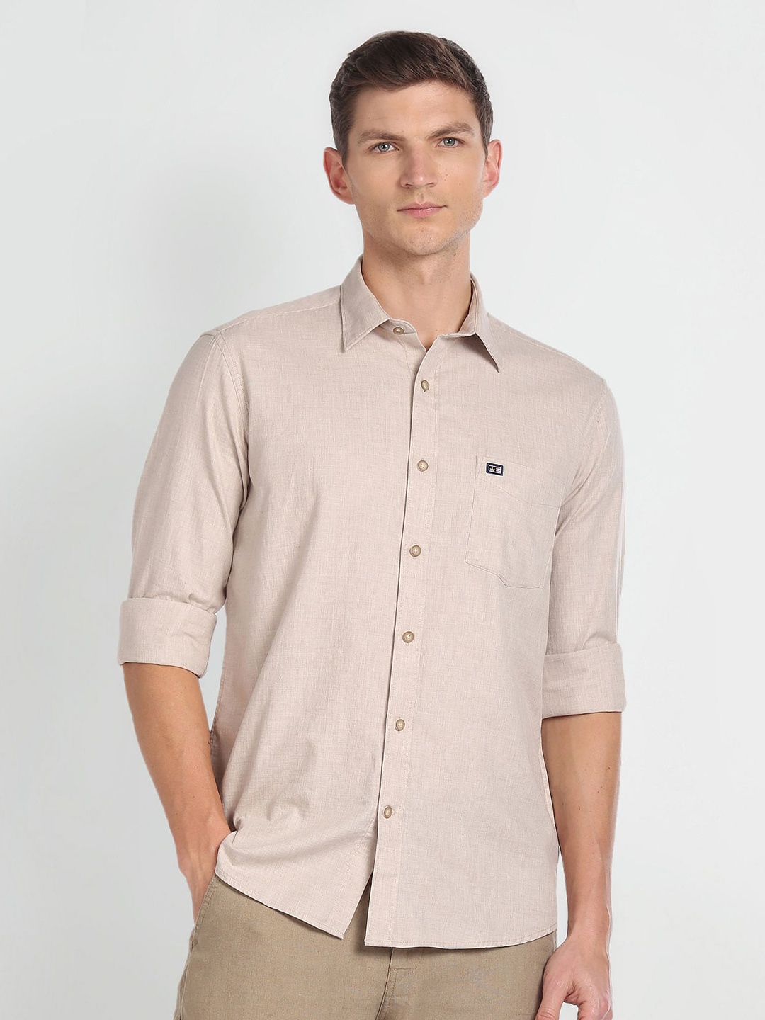 

Arrow Sport Slim Fit Spread Collar Chest Pocket Pure Cotton Casual Shirt, Beige