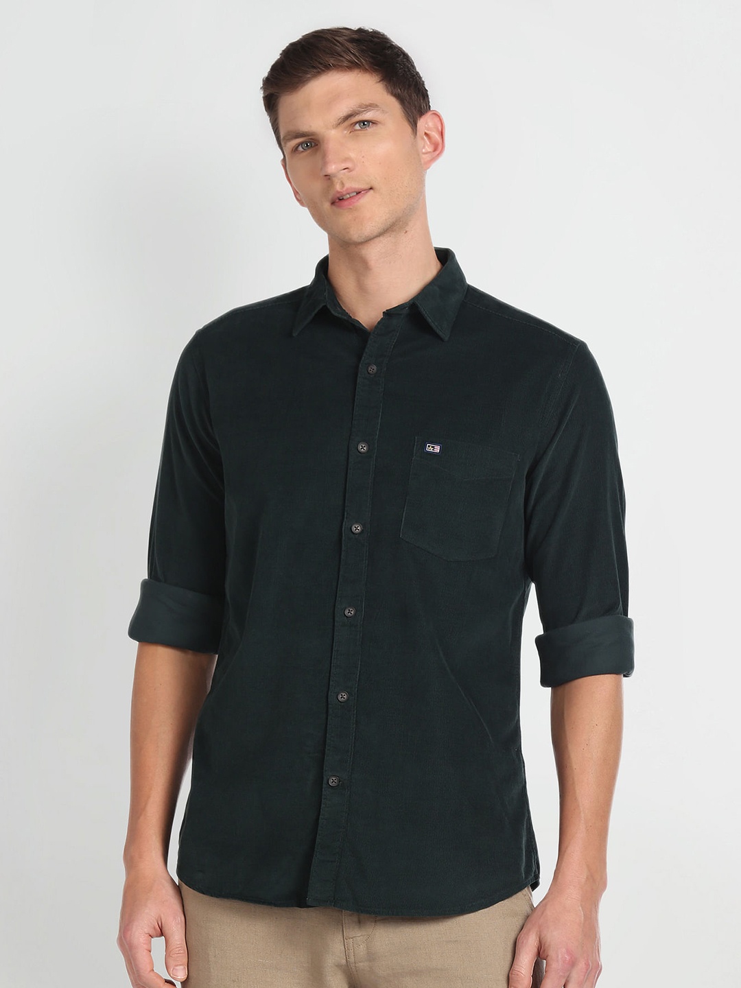 

Arrow Sport Slim Fit Spread Collar Chest Pocket Pure Cotton Casual Shirt, Green