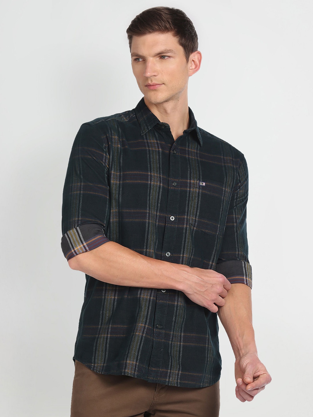 

Arrow Sport Slim Fit Tartan Checked Corduroy Pure Cotton Casual Shirt, Green