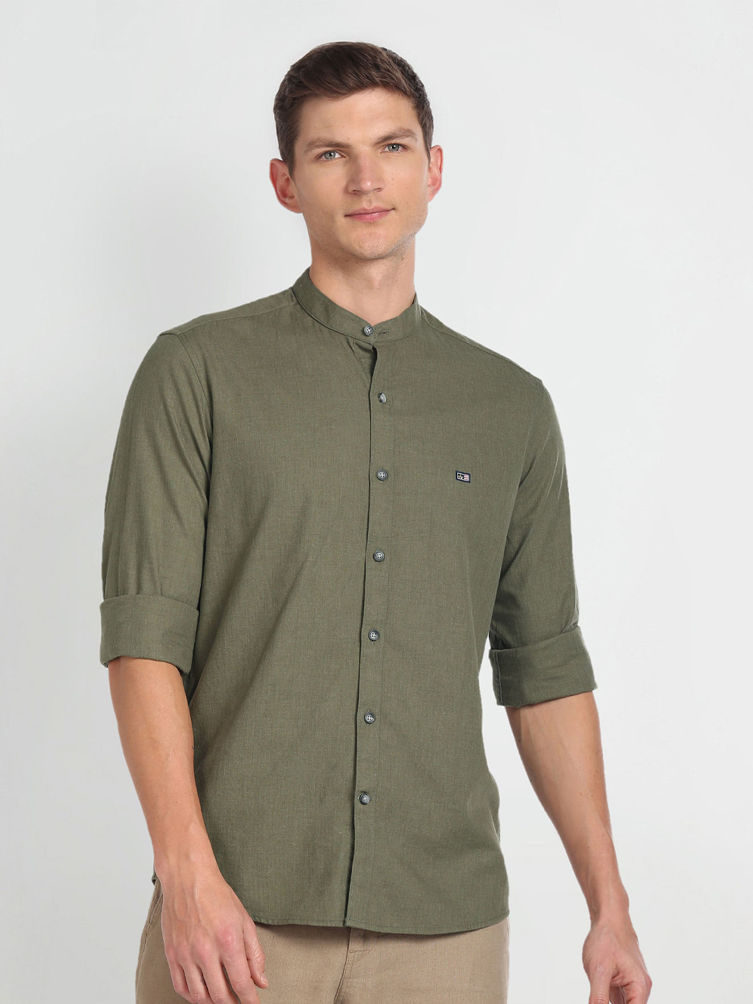 

Arrow Sport Slim Fit Band Collar Pure Cotton Casual Shirt, Green
