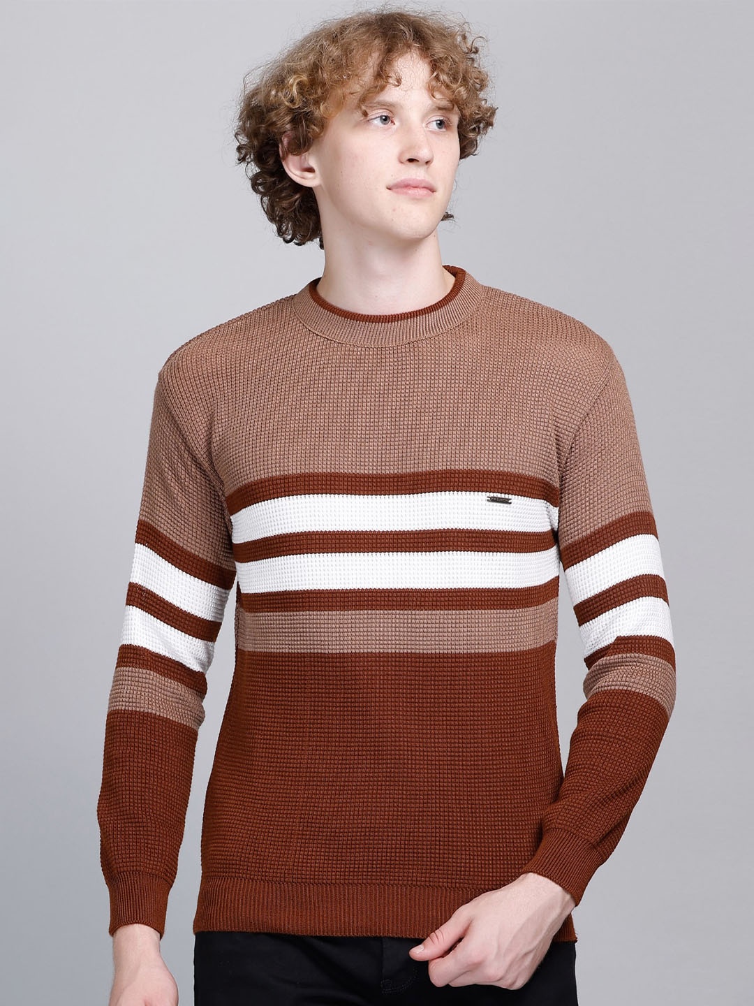 

GODFREY Striped Round Neck Pullover, Coffee brown