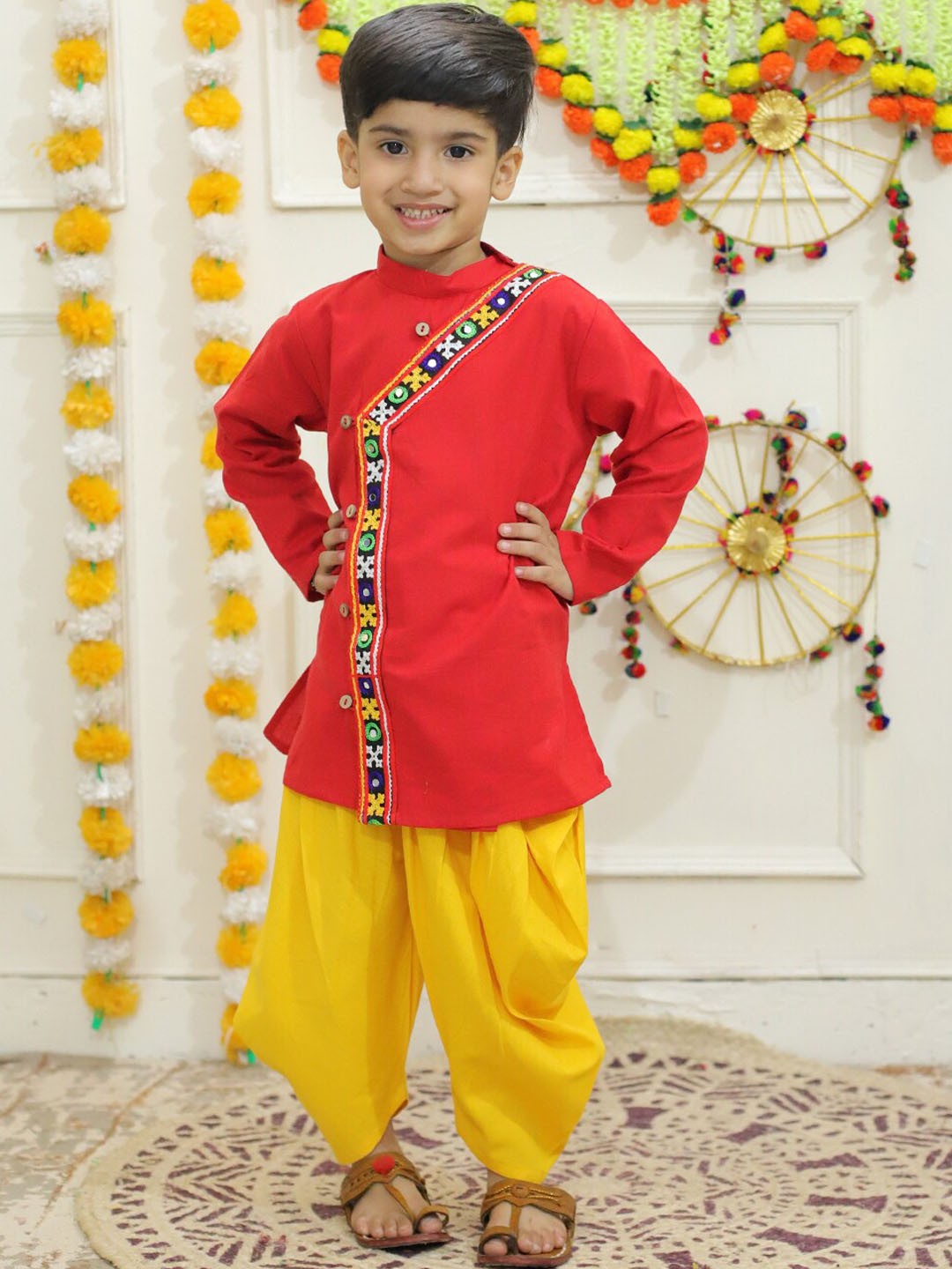 

BownBee Boys Band Collar Thread Work Angrakha Pure Cotton Kurta with Dhoti Pants, Red
