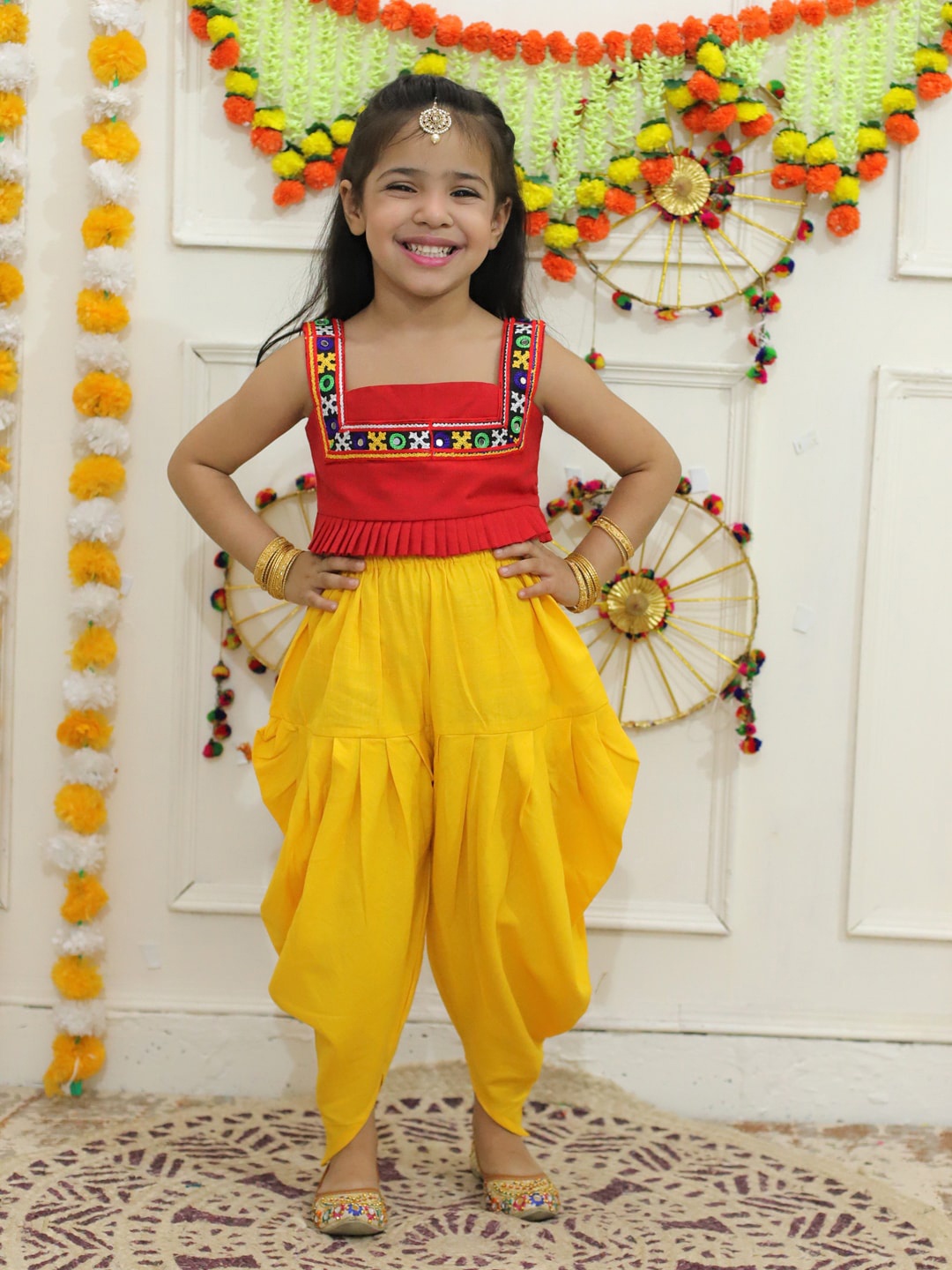 

BownBee Girls Shoulder Straps Pure Cotton Top with Dhoti Pants, Red