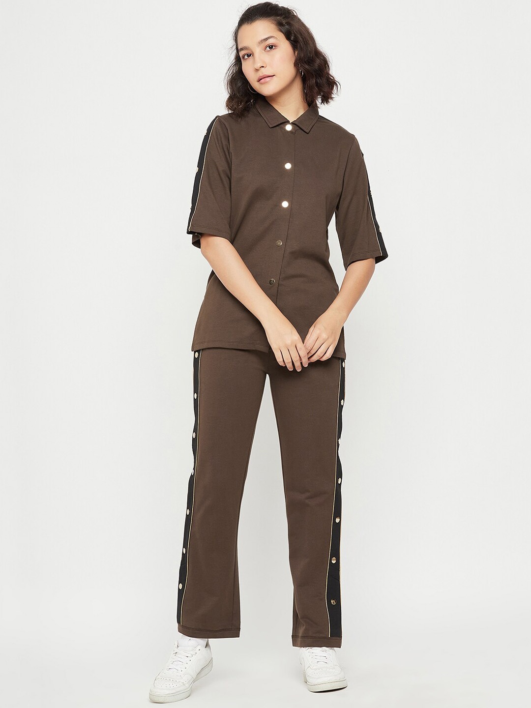 

EDRIO Shirt-Collar Pure Cotton Co-Ords, Coffee brown