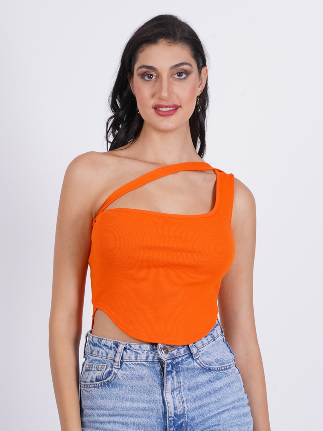 

SIGHTBOMB One Shoulder Cotton Fitted Crop Top, Orange