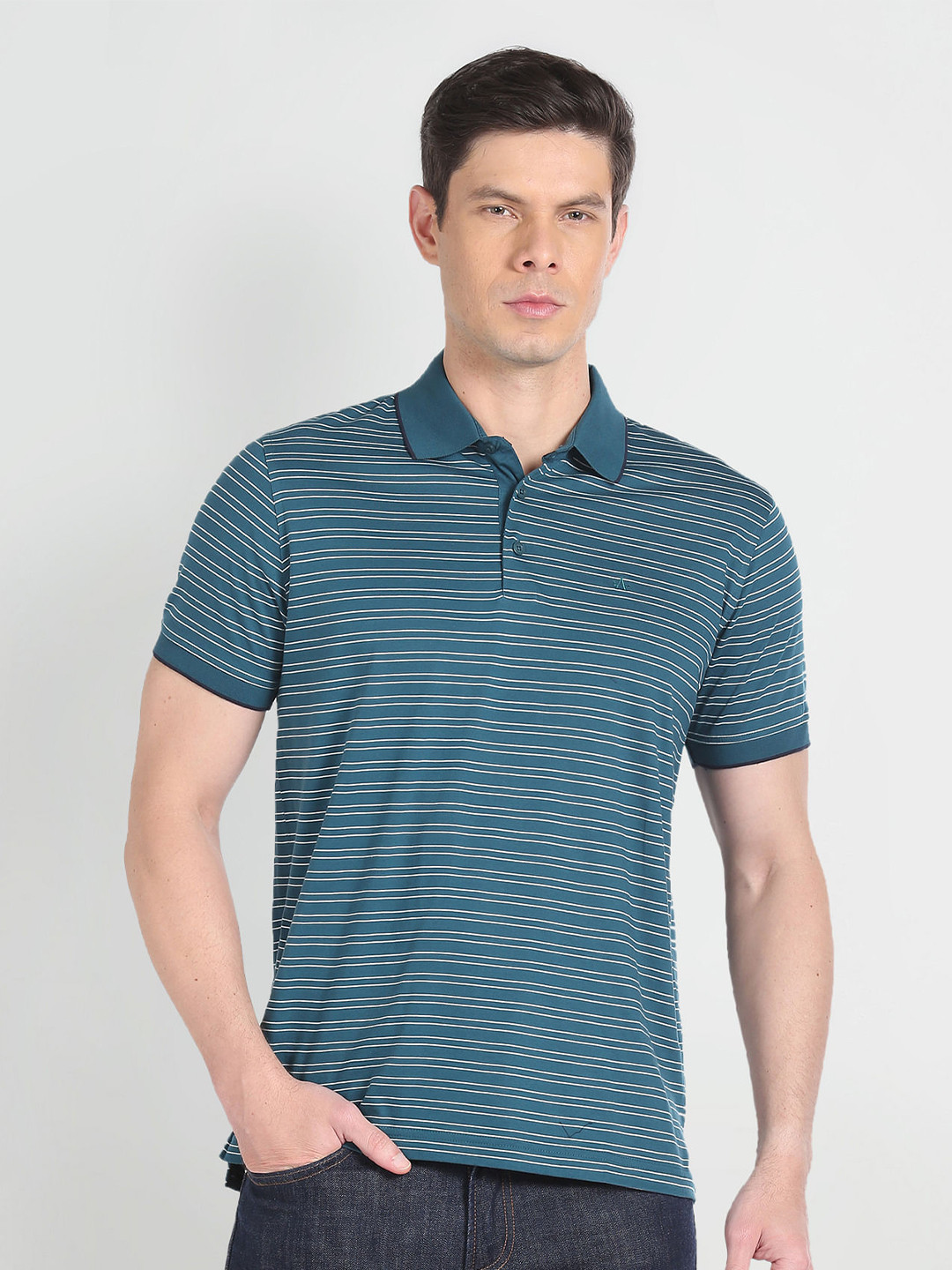 

Arrow Striped Polo Collar Pure Cotton T-shirt, Green