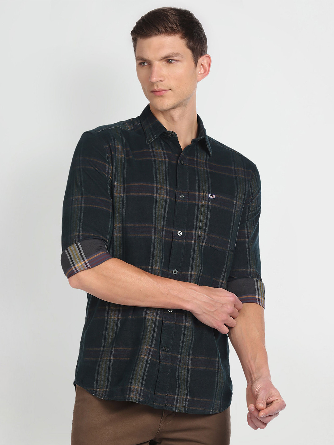 

Arrow Sport Slim Fit Tartan Checked Corduroy Pure Cotton Casual Shirt, Green