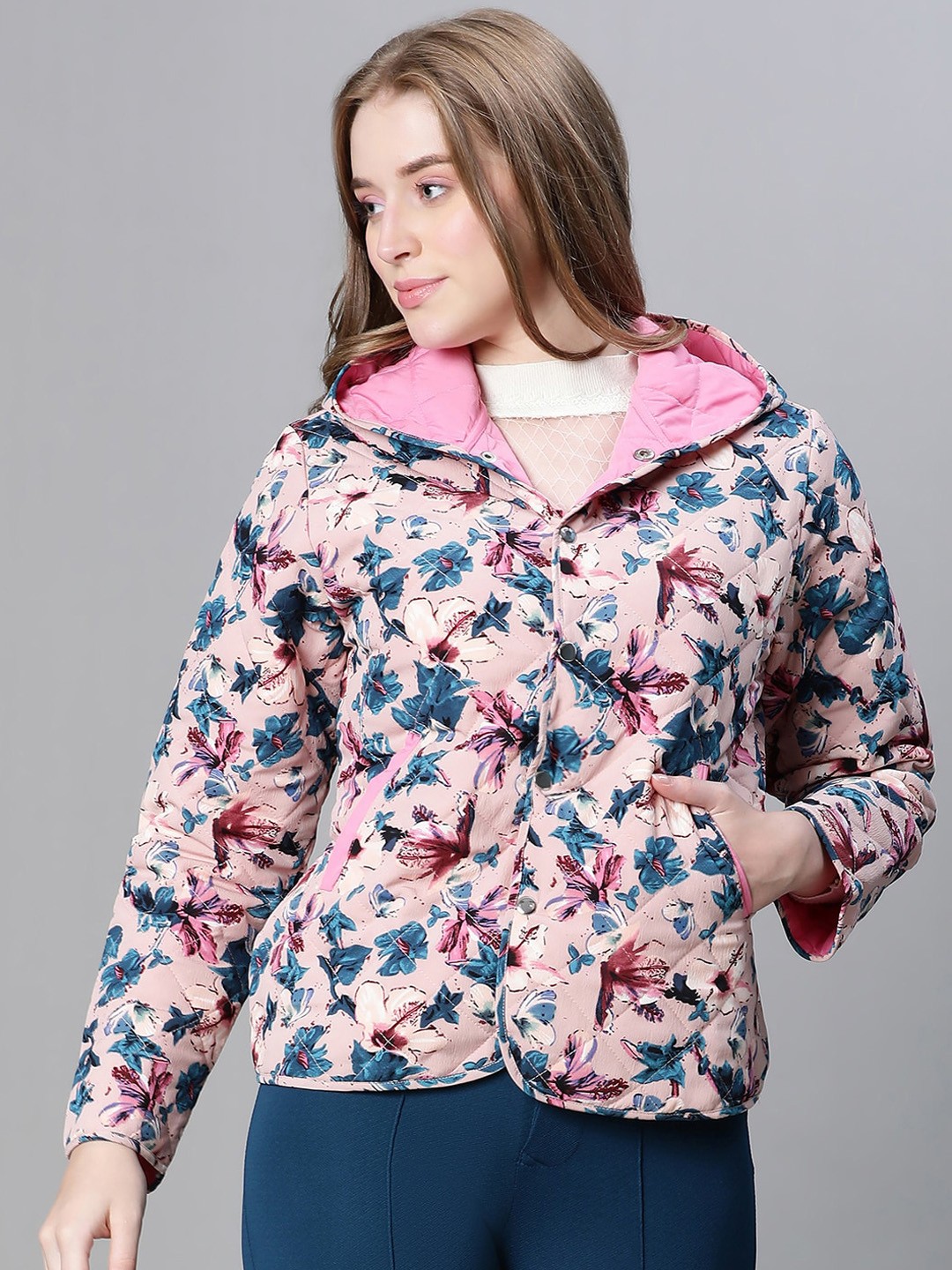 

Oxolloxo Floral Printed Hooded Insulator Quilted Jacket, Pink