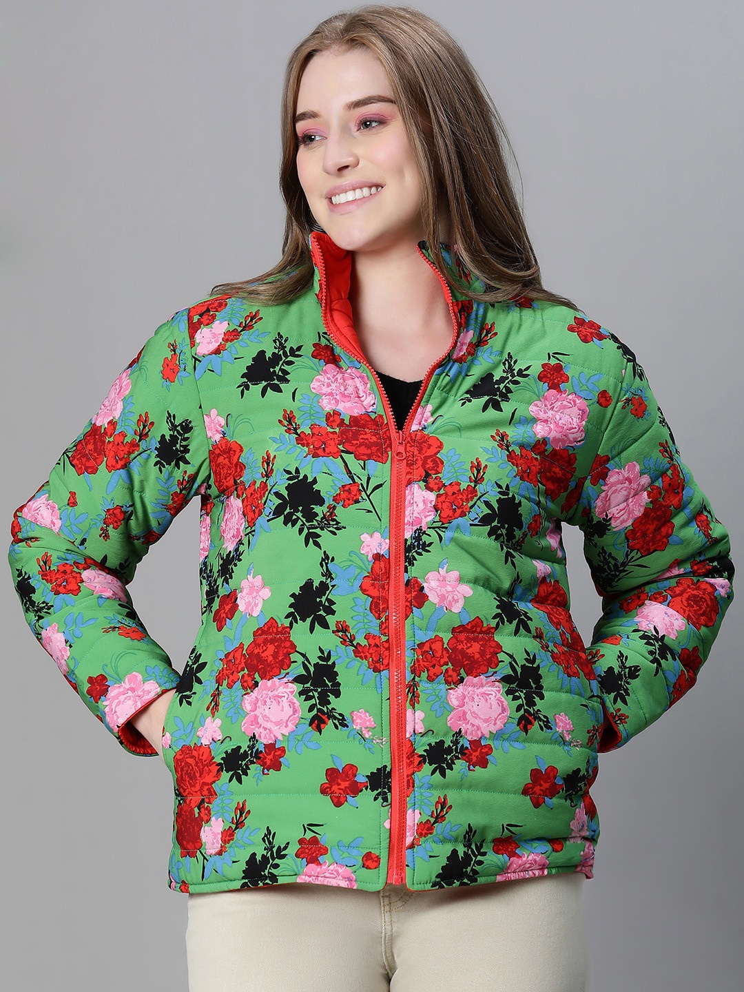 

Oxolloxo Floral Printed Reversible Padded Jacket, Green