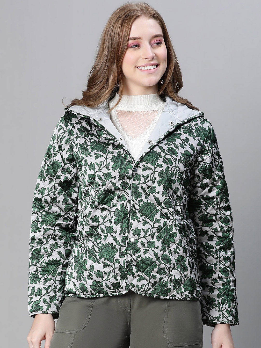 

Oxolloxo Floral Printed Hooded Quilted Jacket, Green