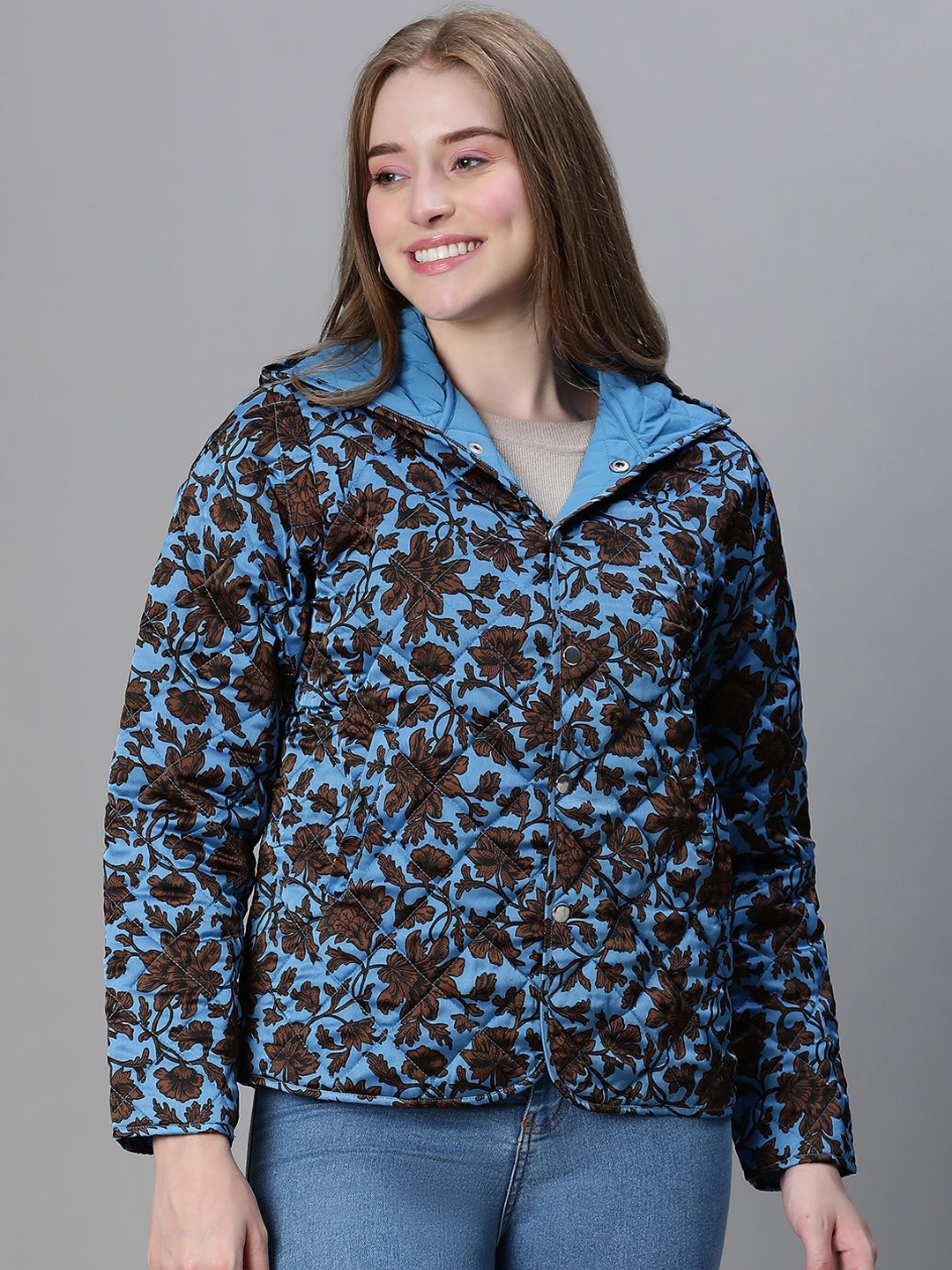

Oxolloxo Floral Printed Hooded Quilted Jacket, Blue