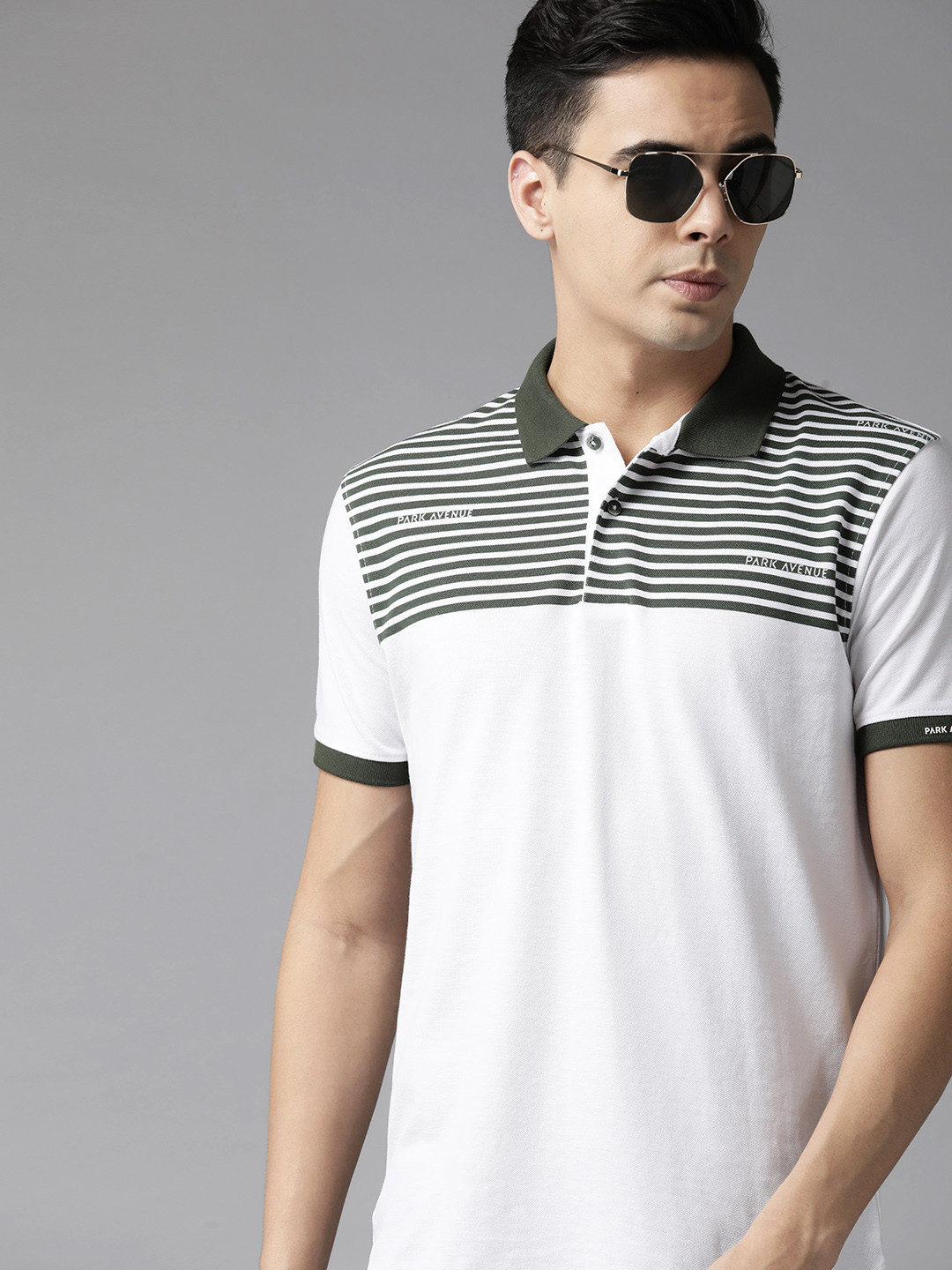 

Park Avenue Men Striped Polo Collar Slim Fit T-shirt, White
