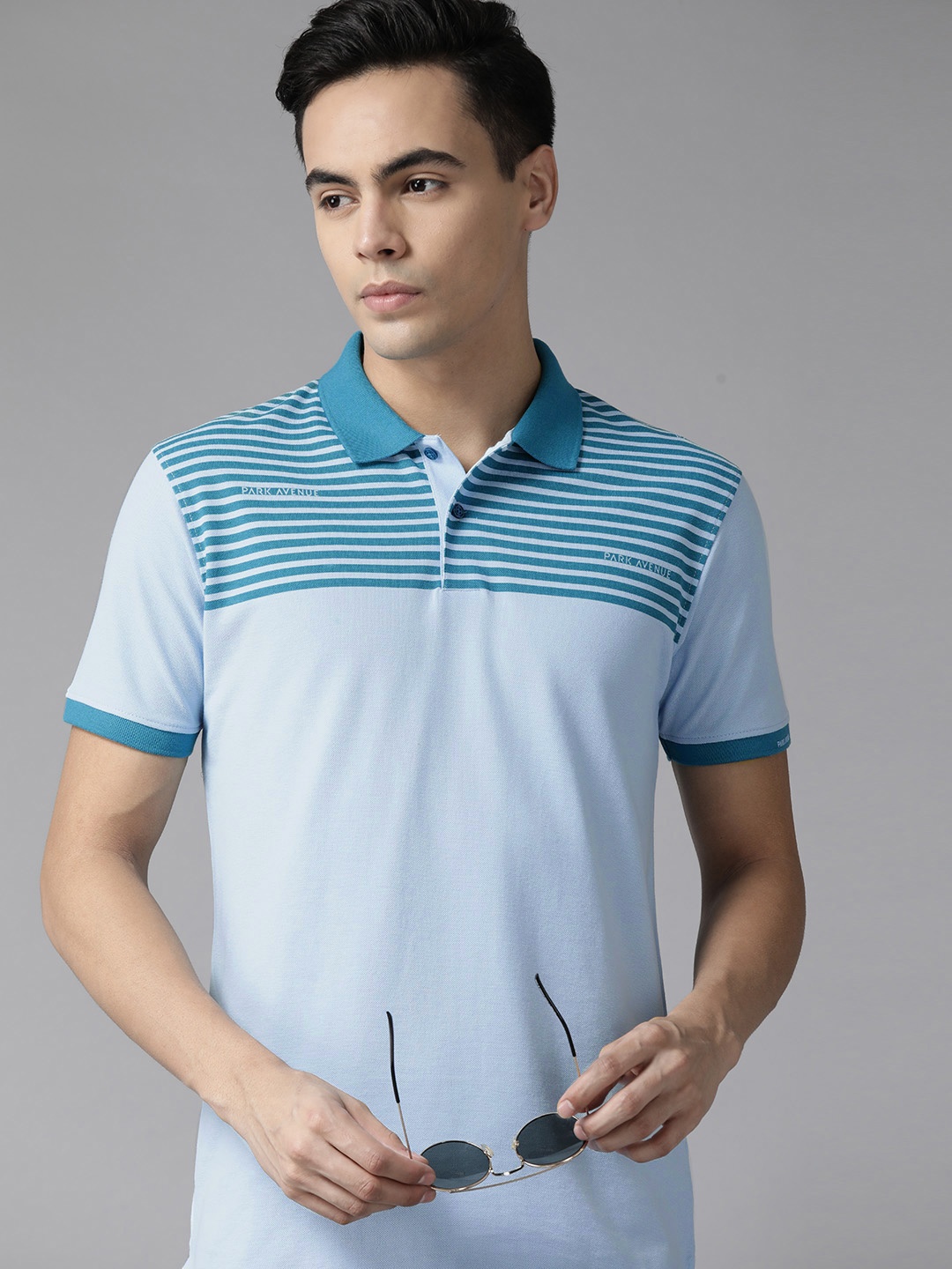 

Park Avenue Men Striped Polo Collar Slim Fit T-shirt, Blue