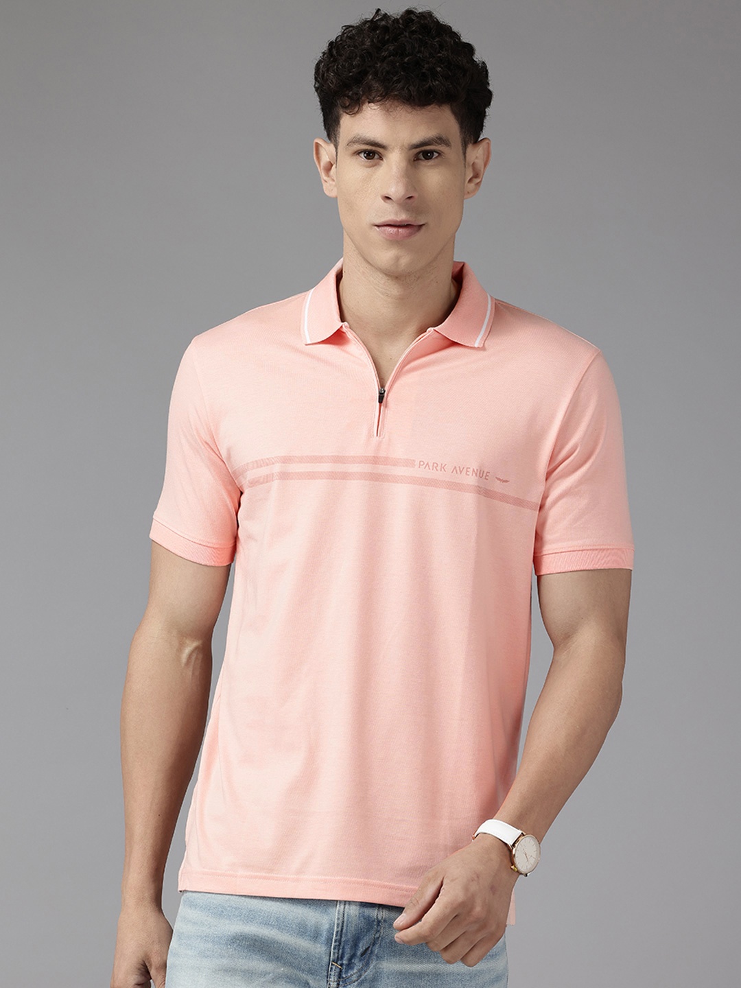 

Park Avenue Striped Polo Collar Slim Fit T-shirt, Peach