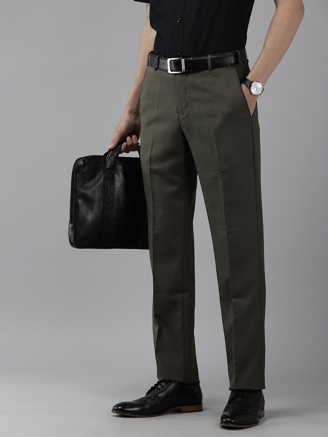 

Park Avenue Men Mid Rise Self Design Textured Formal Trousers, Green