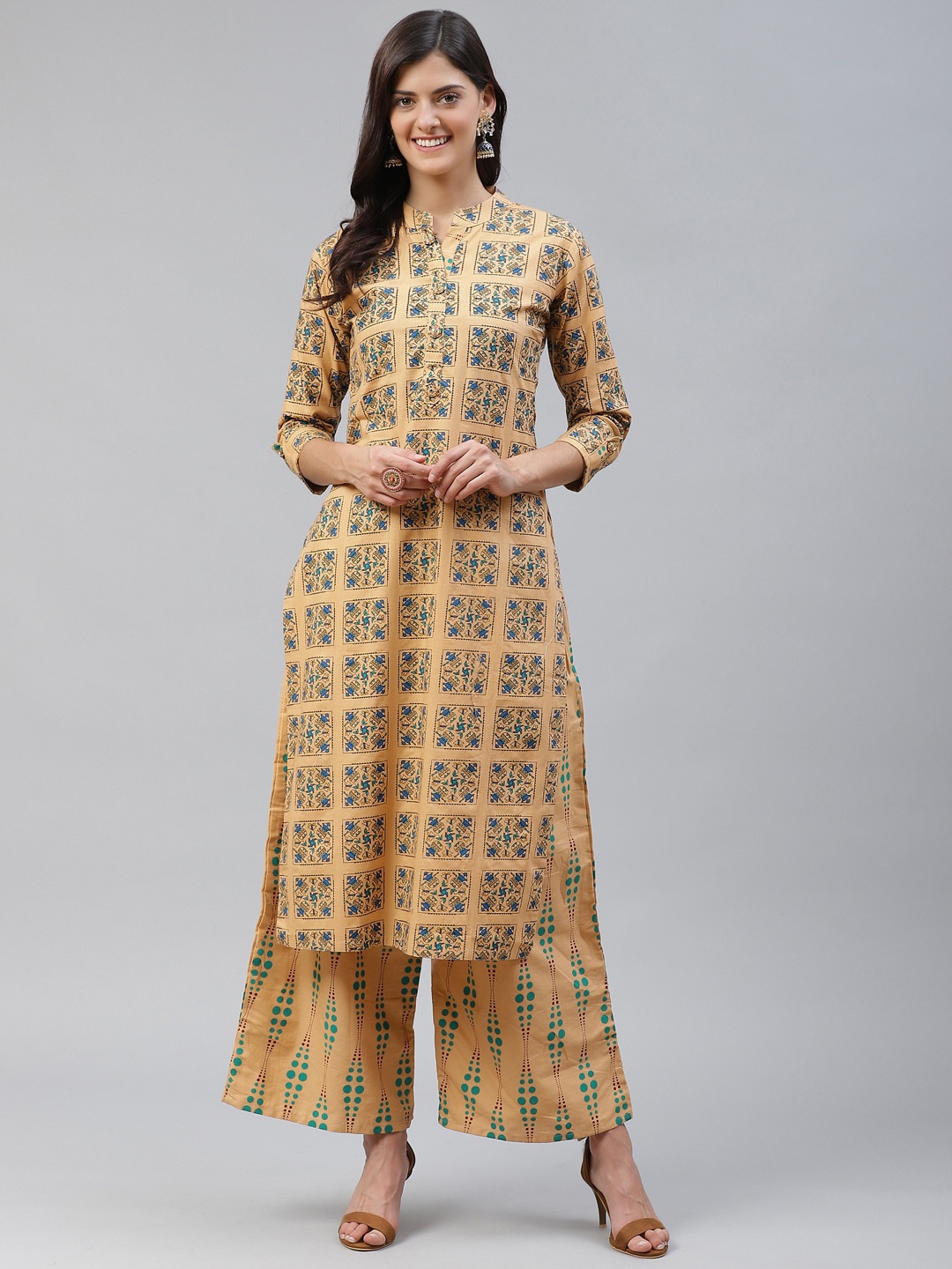 

JC4U Ethnic Motif Printed Regular Pure Cotton Straight Kurta with Palazzos, Beige