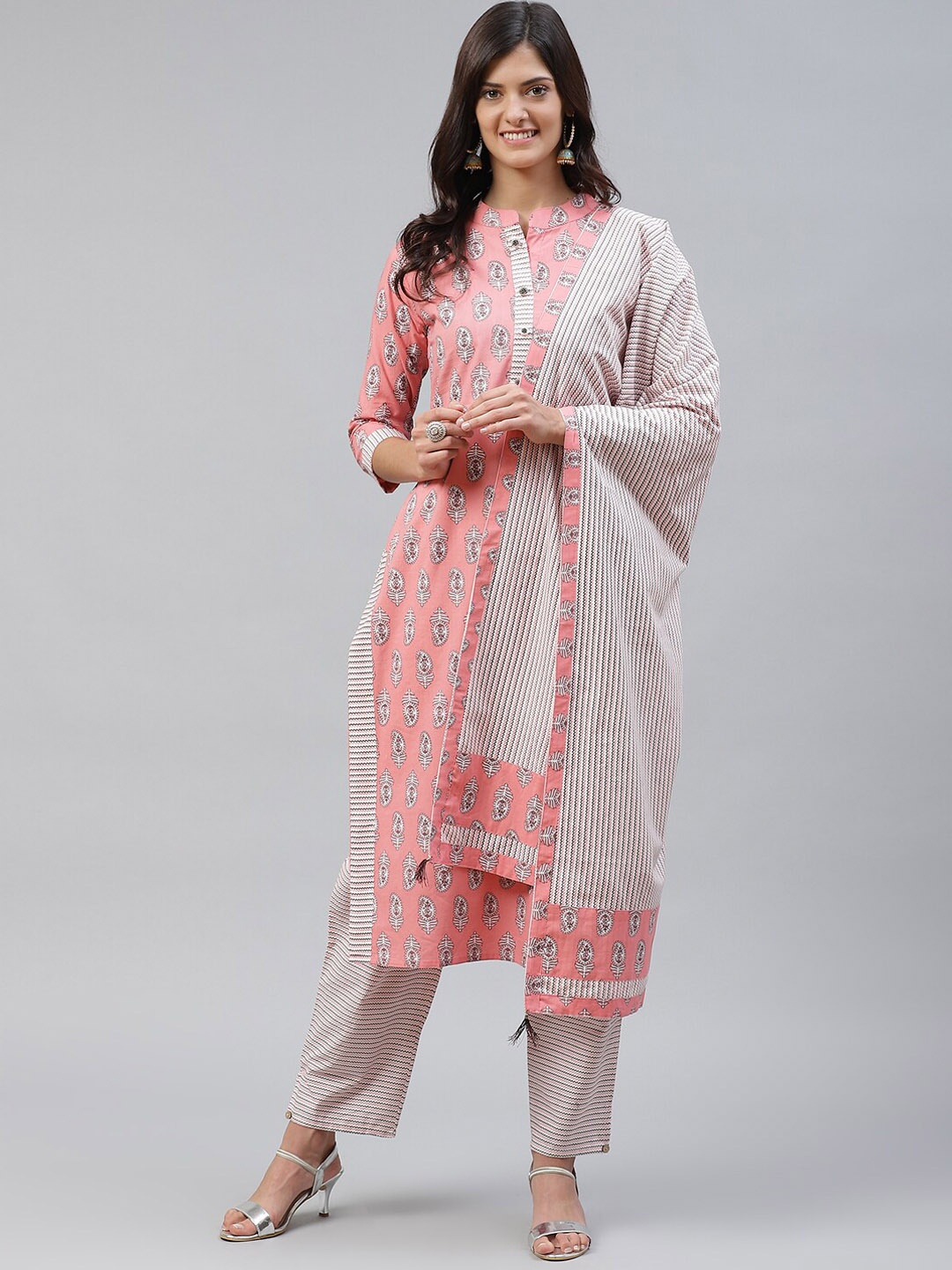 

JC4U Paisley Printed Regular Pure Cotton Straight Kurta & Trousers With Dupatta, Pink