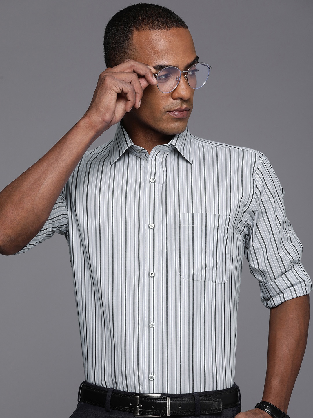 

Raymond Pure Cotton Slim Fit Striped Formal Shirt, Grey