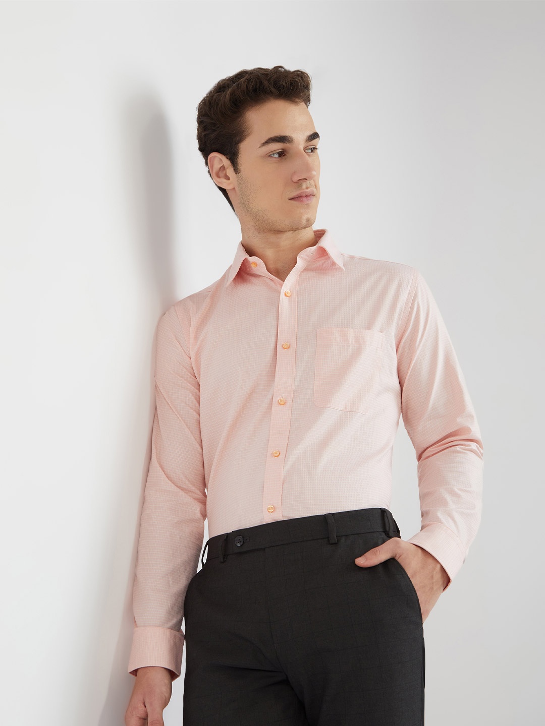 

Raymond Pure Cotton Self Design Slim Fit Textured Formal Shirt, Peach