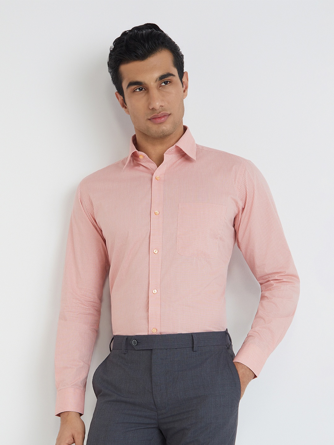 

Raymond Pure Cotton Self Design Textured Slim Fit Formal Shirt, Orange