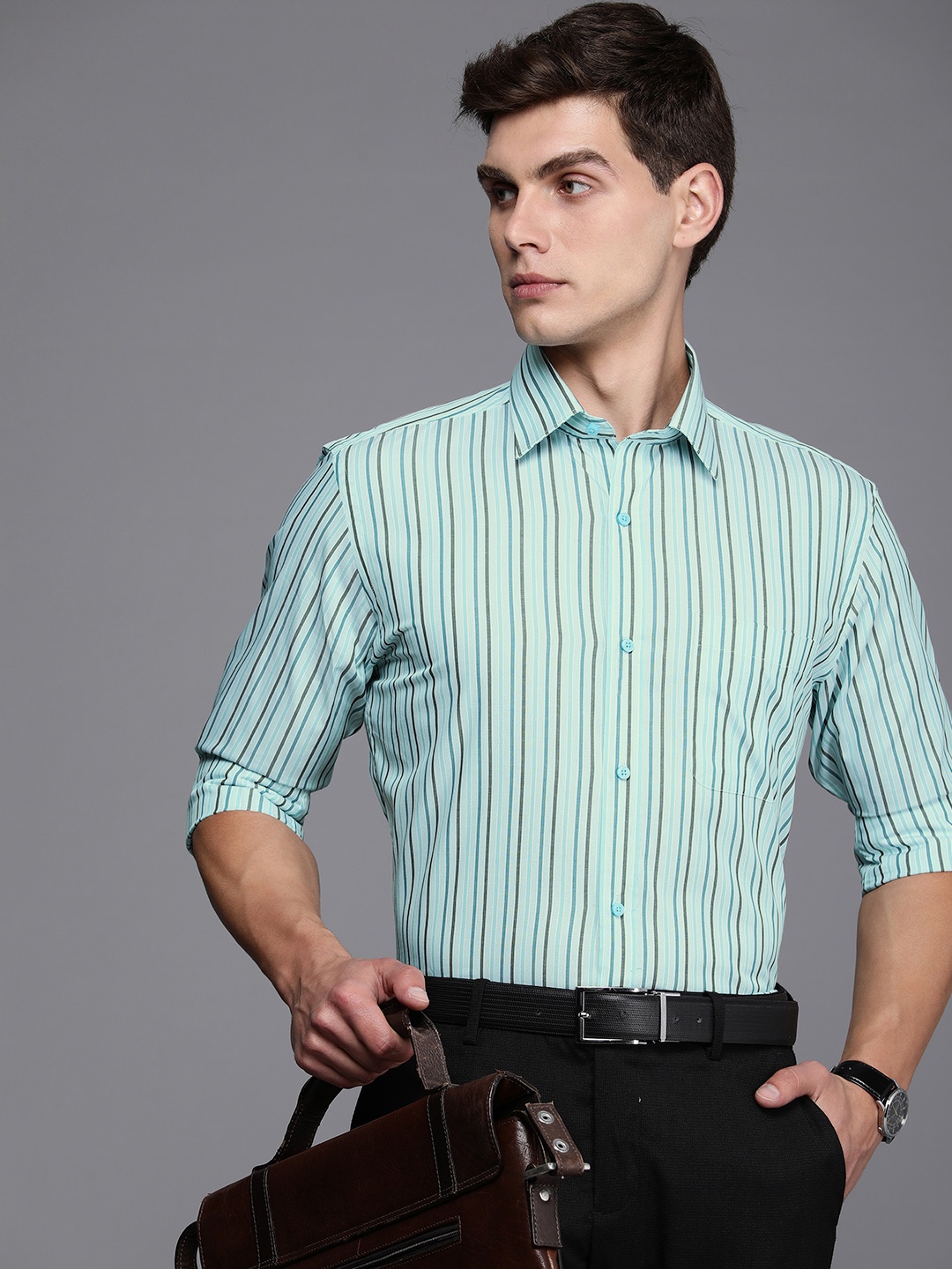 

Raymond Slim Fit Pure Cotton Striped Formal Shirt, Teal