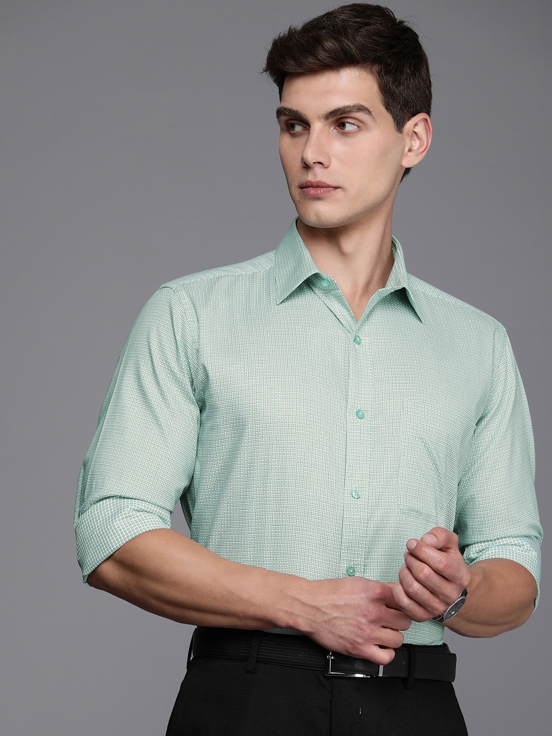 

Raymond Slim Fit Self-Checked Pure Cotton Formal Shirt, Green