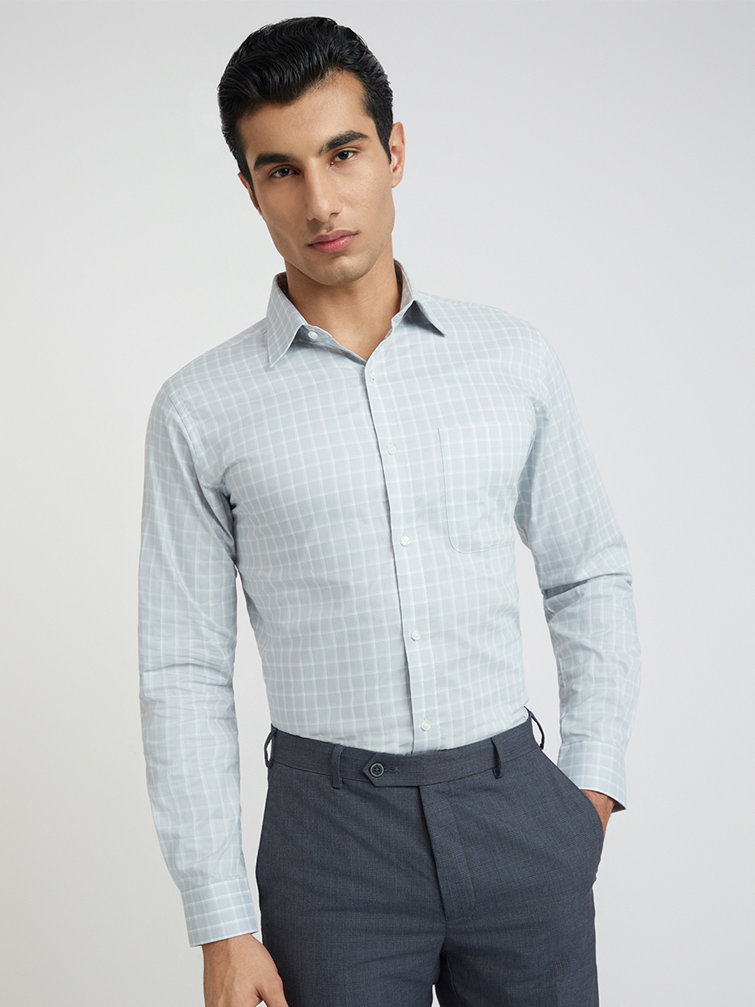 

Raymond Pure Cotton Slim Fit Checked Formal Shirt, Grey