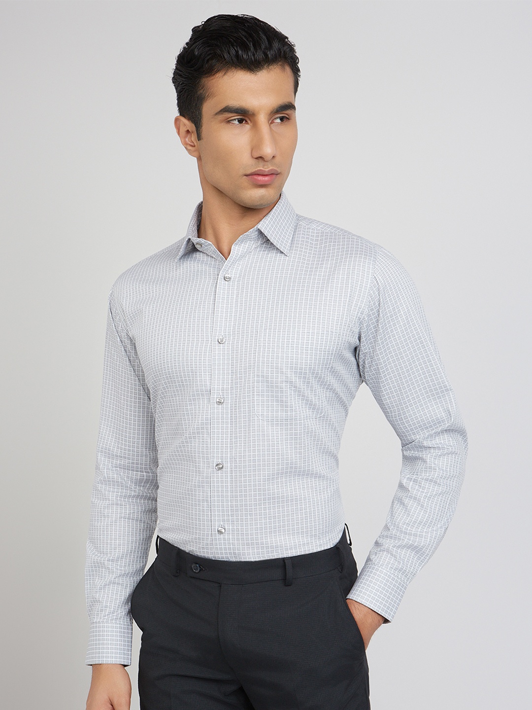 

Raymond Slim Fit Self Checked Opaque Pure Cotton Formal Shirt, Grey