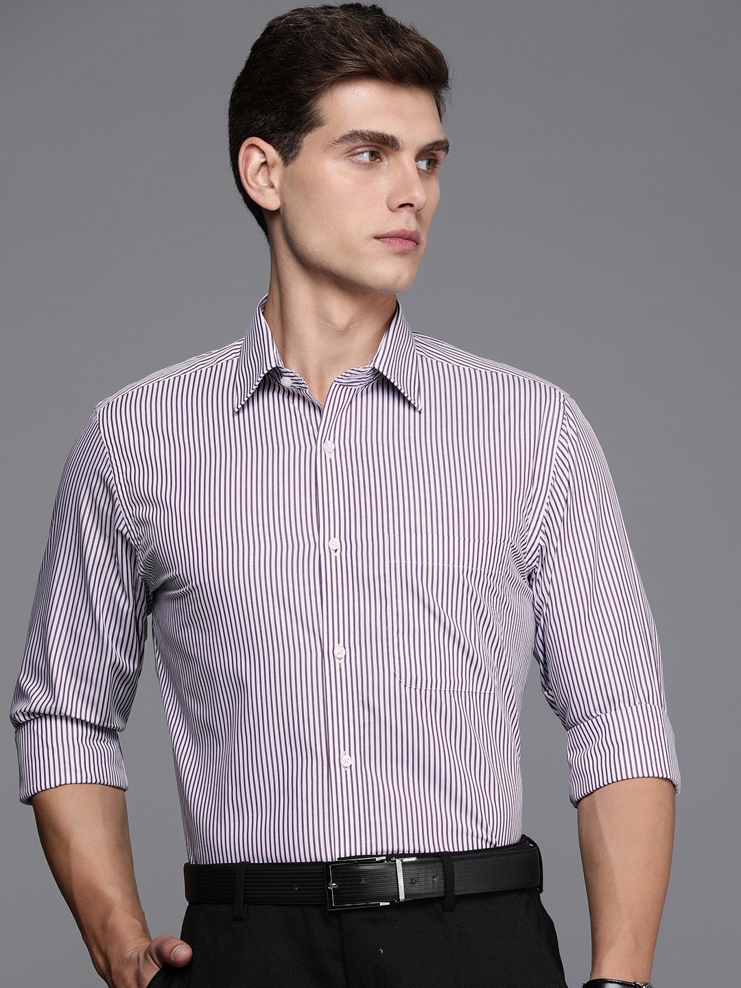 

Raymond Slim Fit Pure Cotton Striped Formal Shirt, Violet