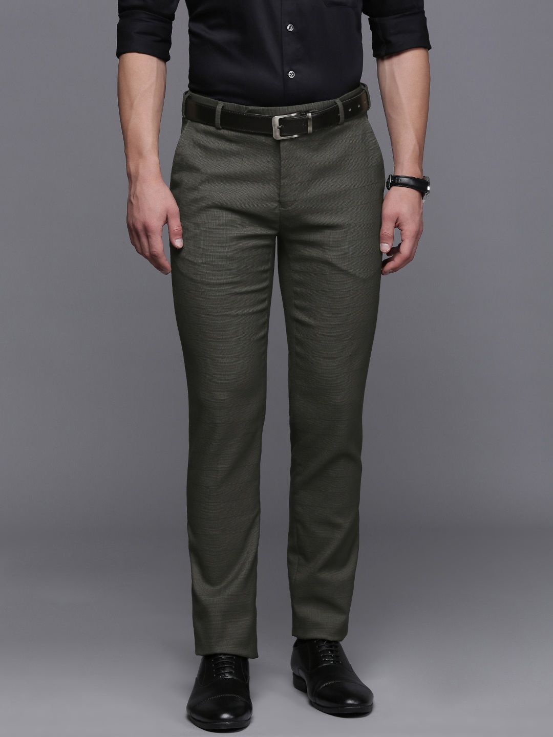 

Raymond Men Checked Slim Fit Formal Trousers, Olive
