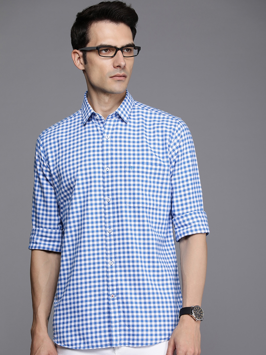 

Raymond Men Pure Cotton Slim Fit Gingham Checked Casual Shirt, Blue