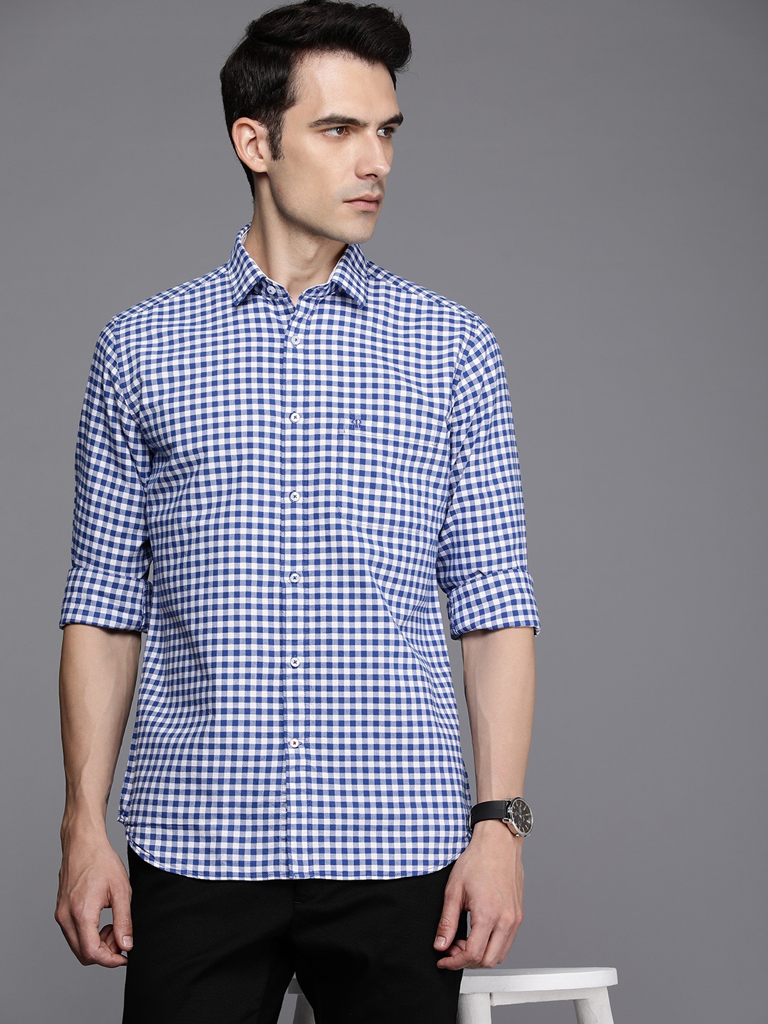 

Raymond Men Pure Cotton Slim Fit Gingham Checked Casual Shirt, Navy blue