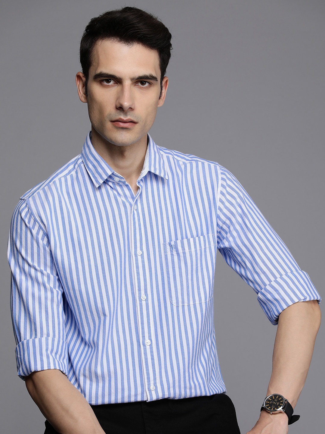 

Raymond Slim Fit Pure Cotton Striped Casual Shirt, Blue