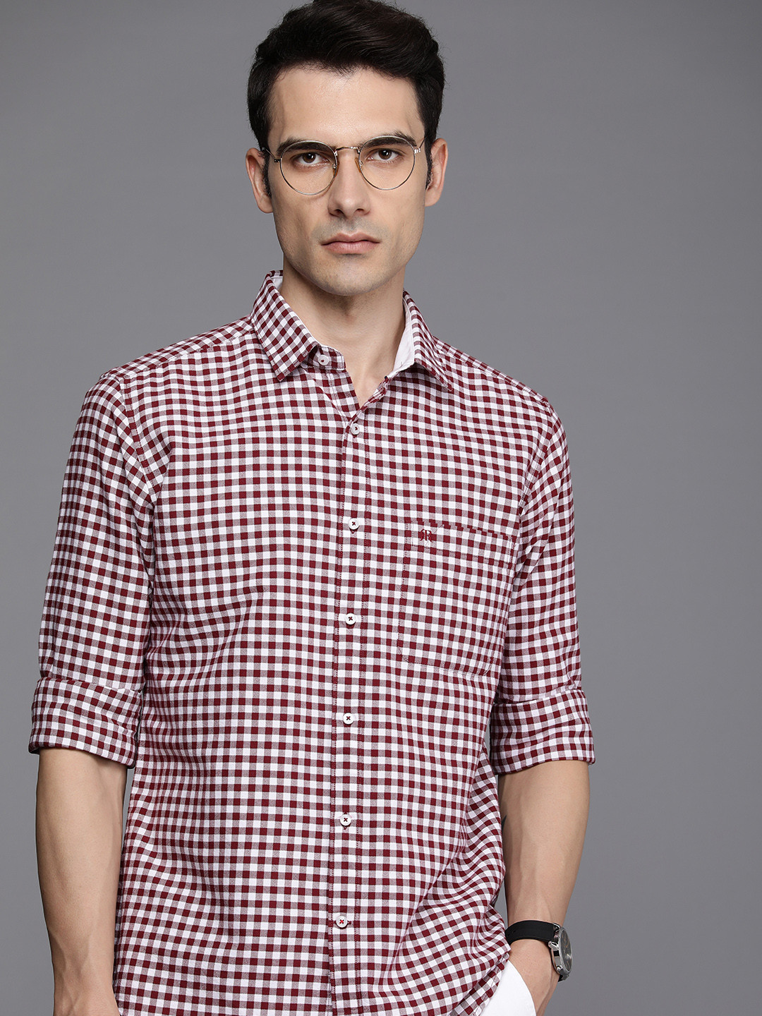 

Raymond Men Pure Cotton Slim Fit Gingham Checked Casual Shirt, Maroon