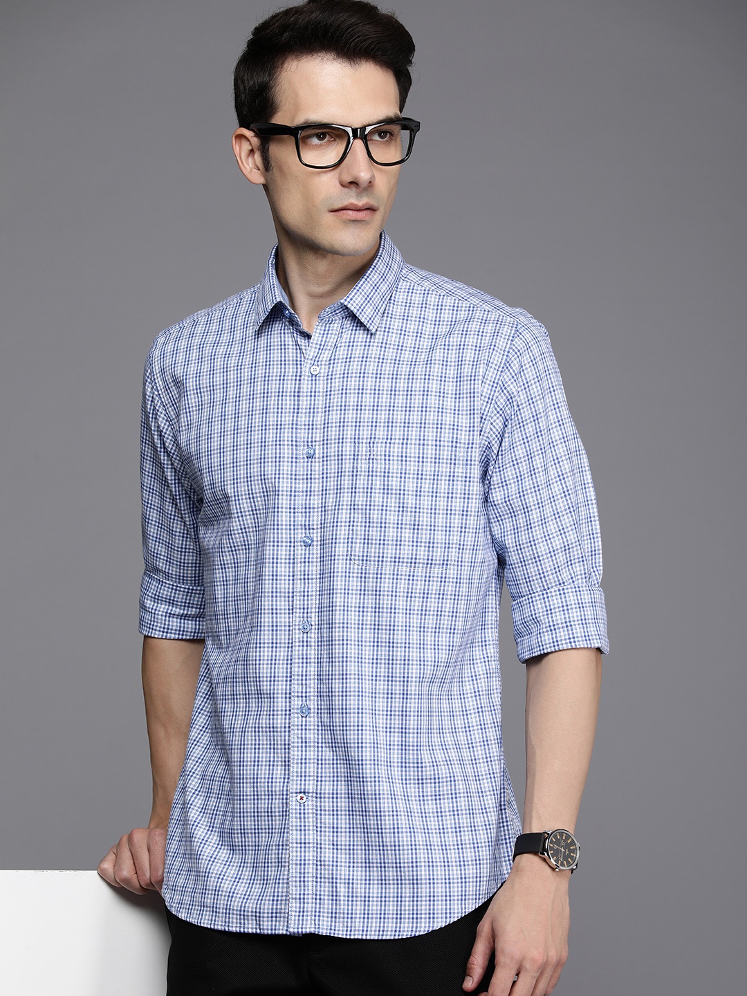 

Raymond Men Pure Cotton Slim Fit Tartan Checked Casual Shirt, Blue