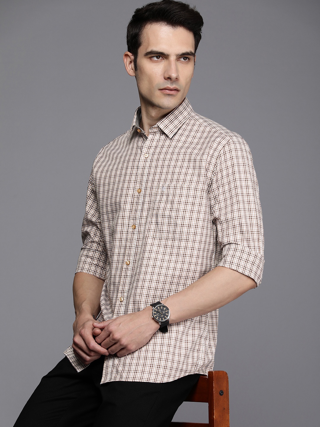 

Raymond Men Pure Cotton Slim Fit Tartan Checked Casual Shirt, Beige