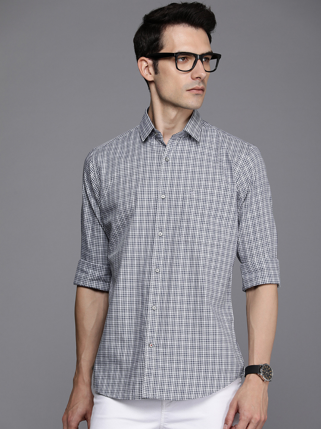 

Raymond Men Pure Cotton Slim Fit Tartan Checked Casual Shirt, Navy blue