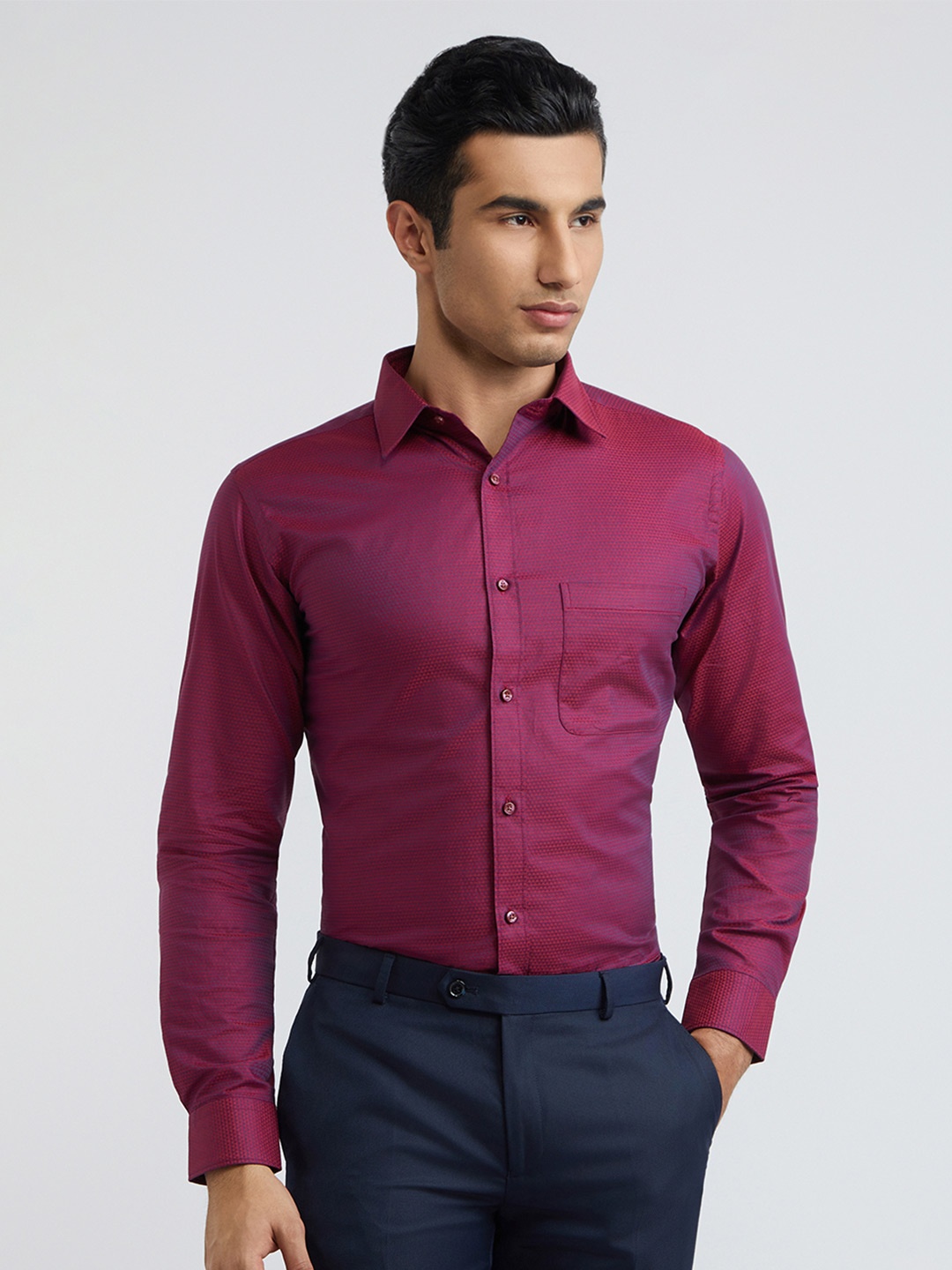 

Raymond Pure Cotton Self Design Slim Fit Textured Formal Shirt, Magenta