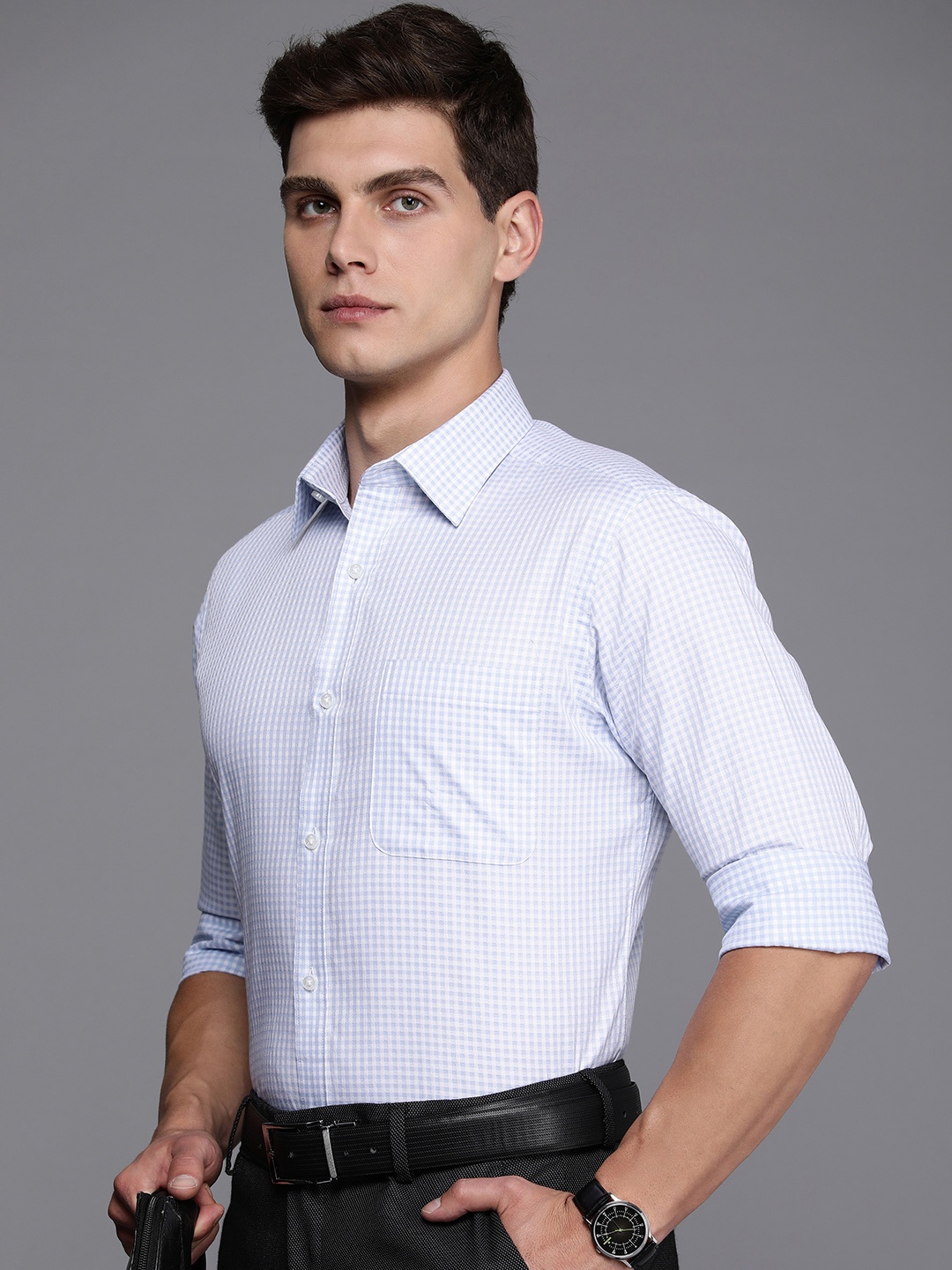 

Raymond Men Pure Cotton Slim Fit Gingham Checked Formal Shirt, Blue