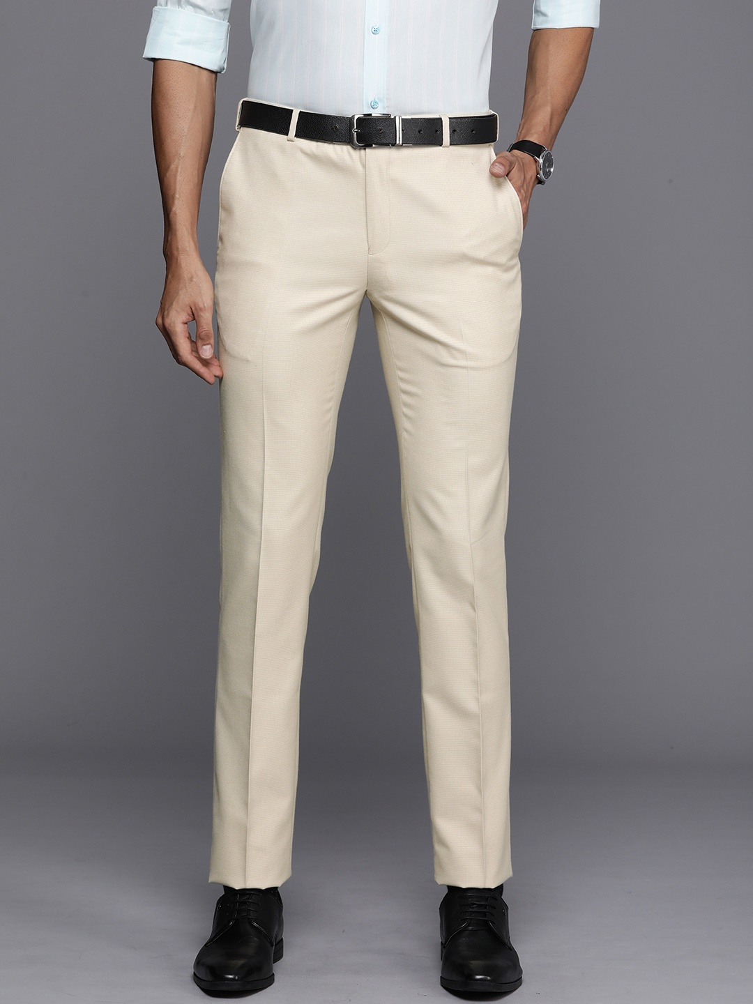 

Raymond Men Textured Slim Fit Formal Trousers, Beige