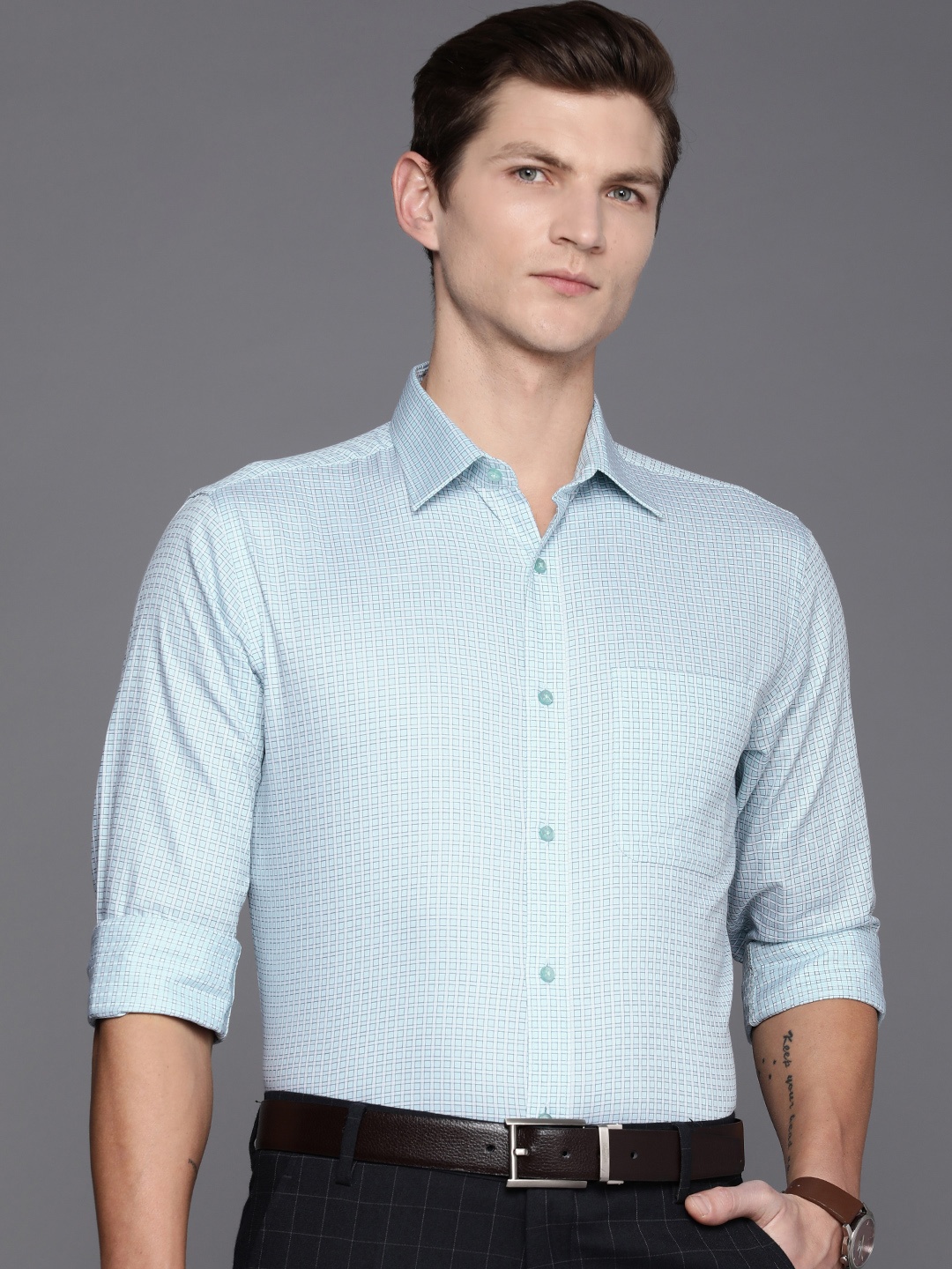 

Raymond Slim Fit Checked Pure Cotton Formal Shirt, Blue