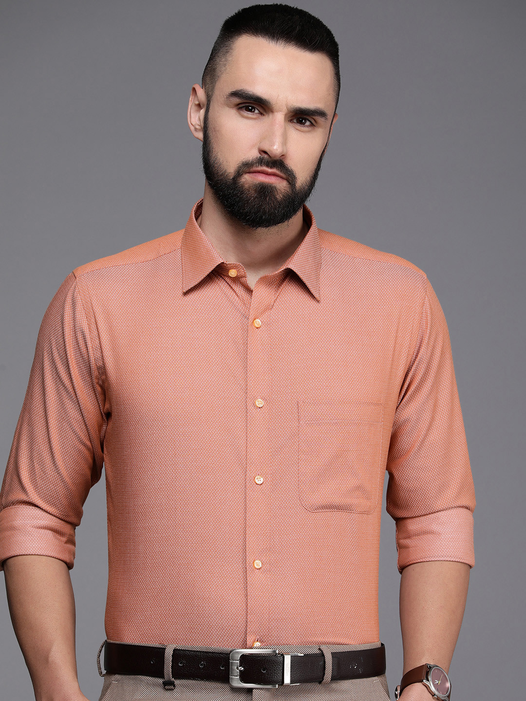 

Raymond Slim Fit Pure Cotton Textured Formal Shirt, Orange