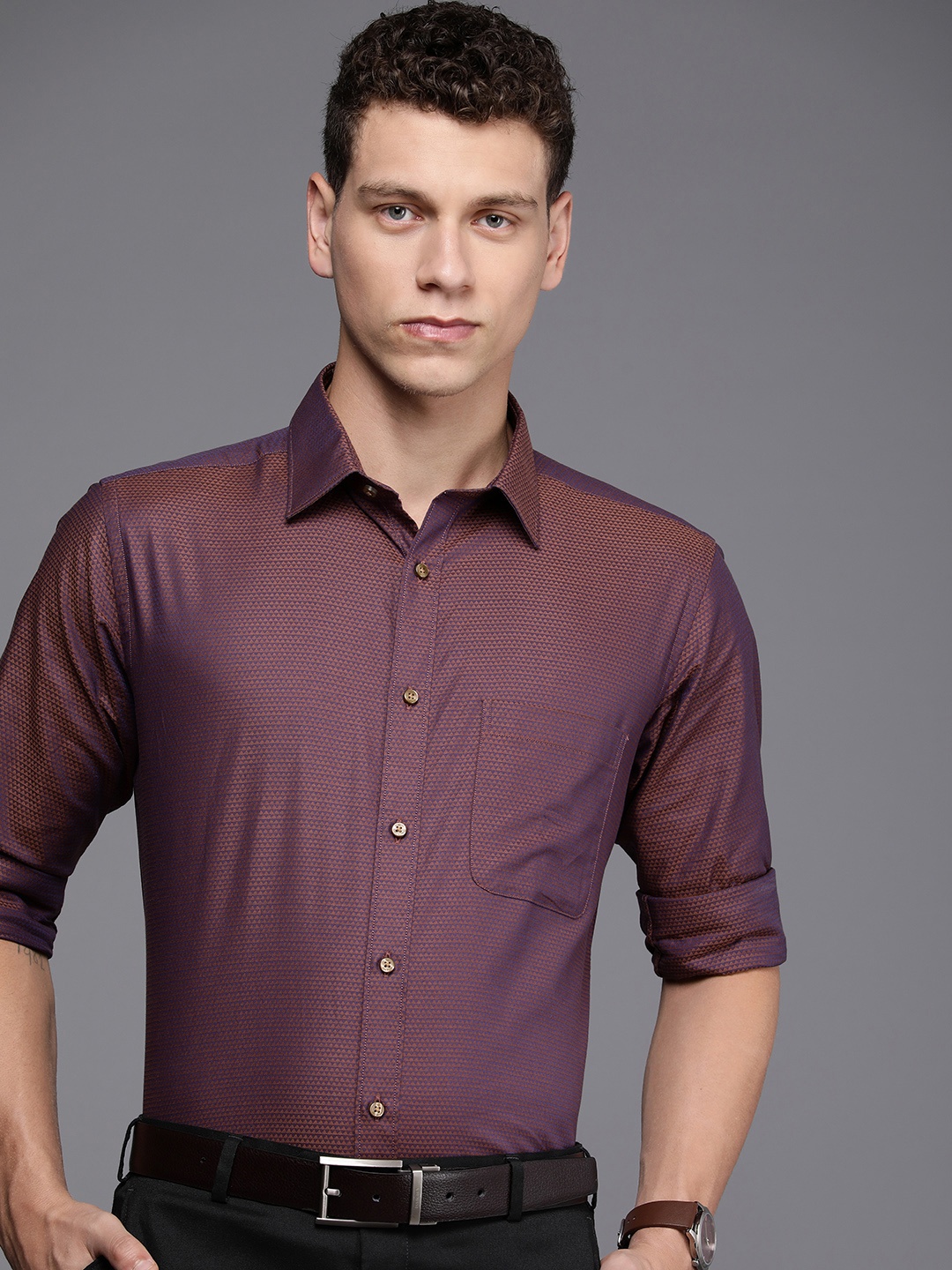 

Raymond Pure Cotton Self Design Slim Fit Textured Formal Shirt, Mauve