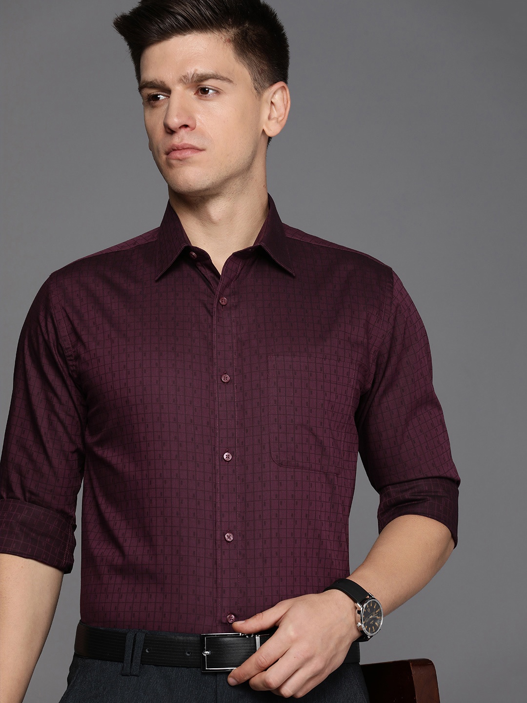 

Raymond Pure Cotton Slim Fit Grid Tattersall Checked Formal Shirt, Maroon