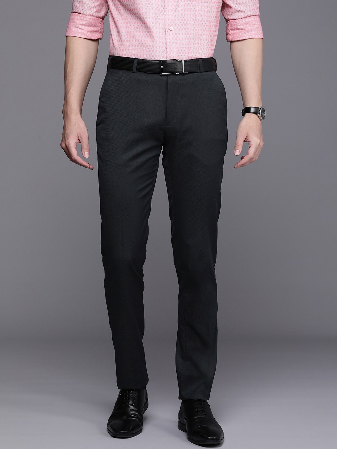 

Raymond Men Self Design Textured Slim Fit Formal Trousers, Navy blue