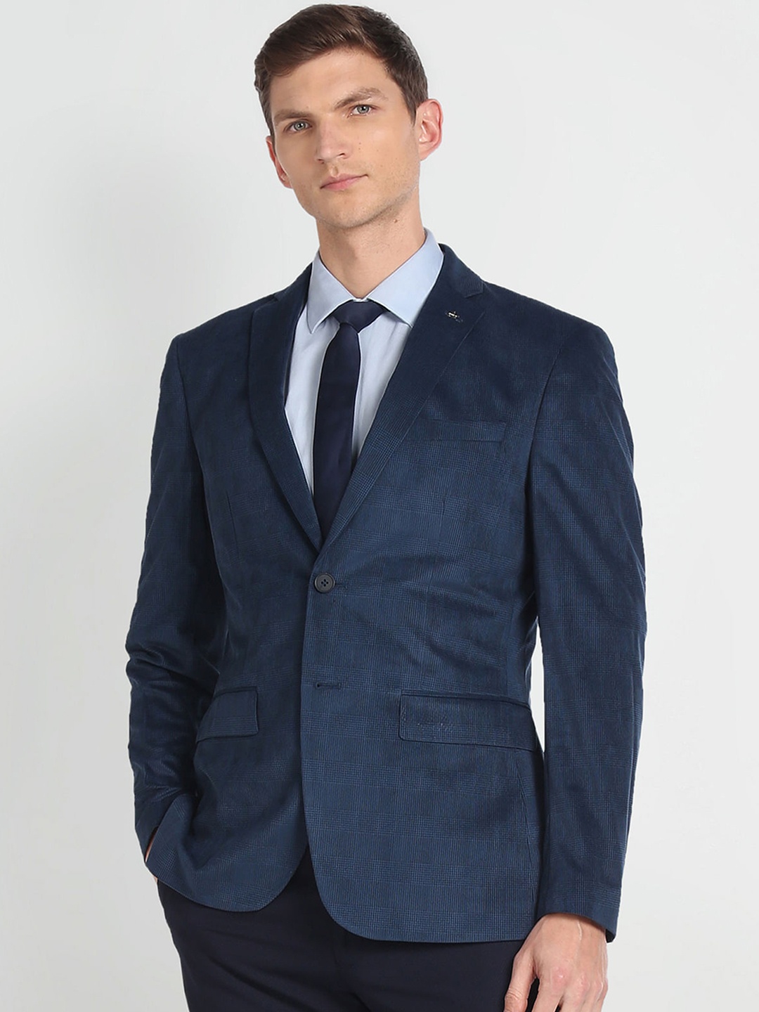 Arrow Checked Slim-Fit Single Breasted Blazer, Navy blue