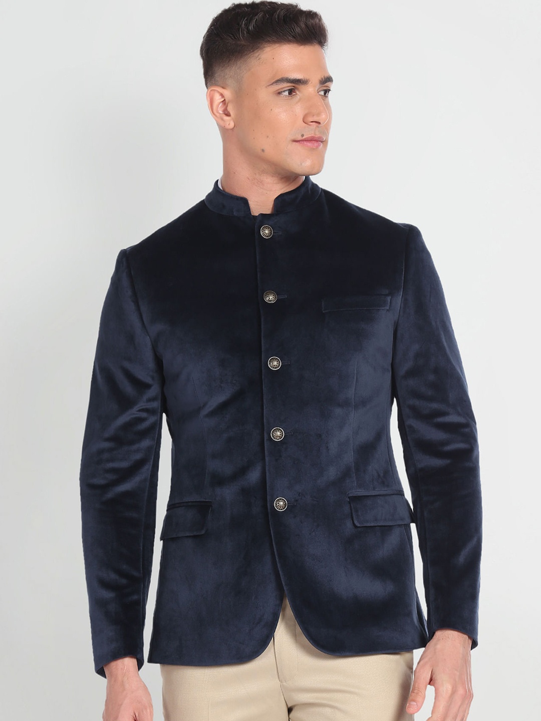 

Arrow Mandarin Collar Single Breasted Blazer, Blue